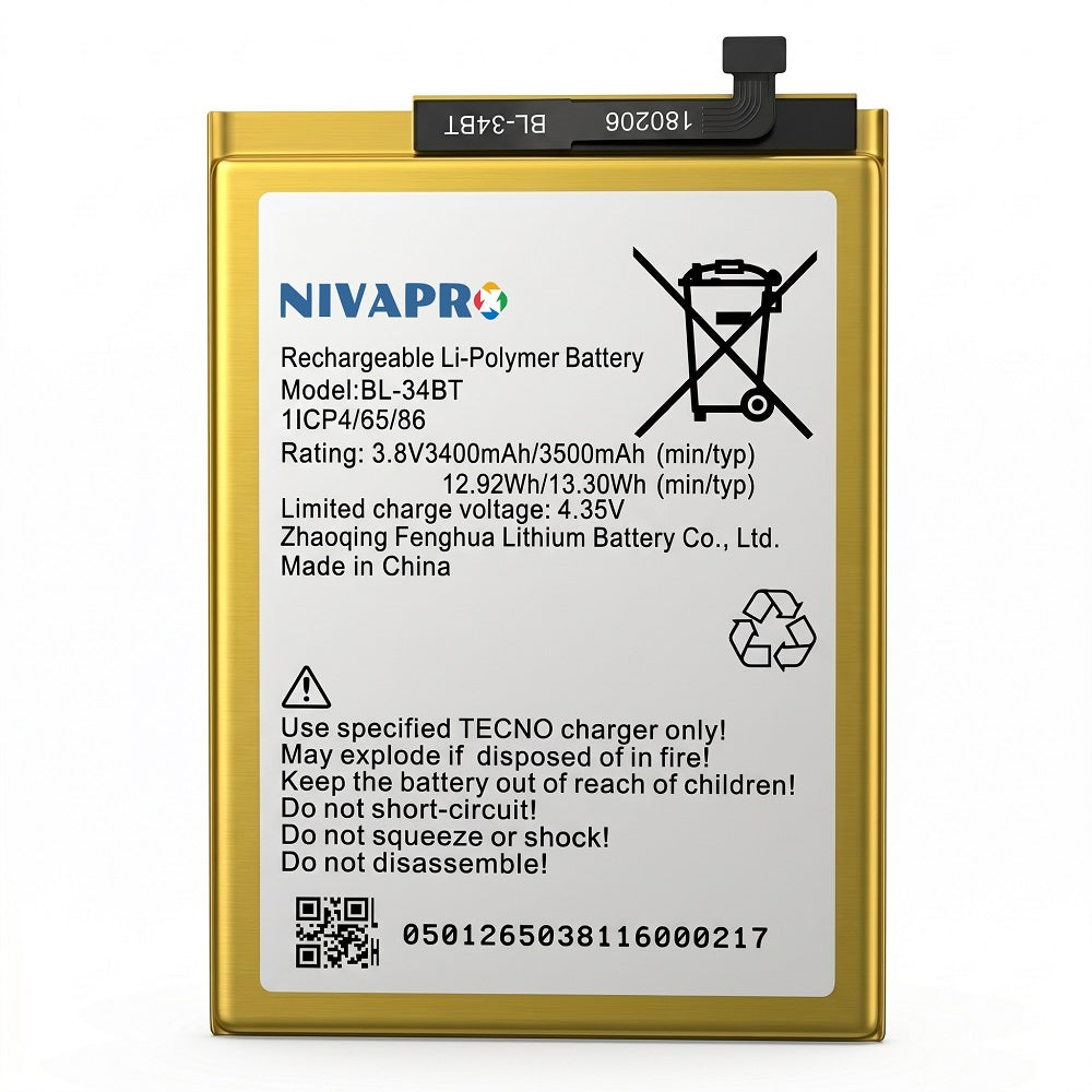 NIVAPRO BL34BT Original for Tecno Spark 2 Compatible 3500mAh with 6 Months Warranty