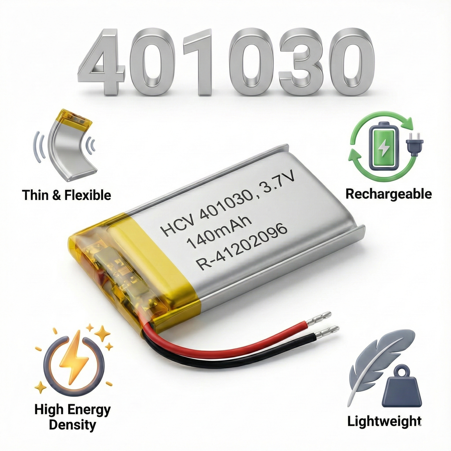 401030 3.7V Rechargeable Li-Po Battery – Micro Slim Lithium Polymer Cell