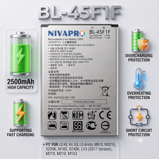 BL45F1F / BL-45F1F Original for LG K8, K4, K3, LG Aristo M610 MS210 X230K M160 X240K LV3 (2017 Version) M210, M210, M153 Compatible battery with warranty by NIVAPRO