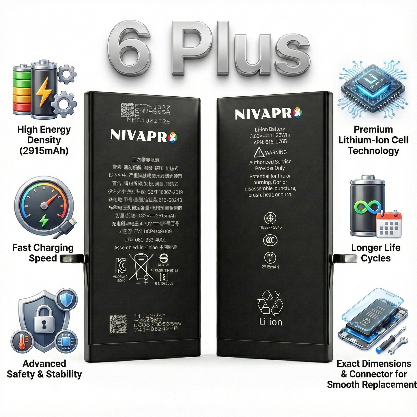 iPhone 6Plus Models A1522 / A1524 / A1593) compatible battery 2915mAh by NIVAPRO