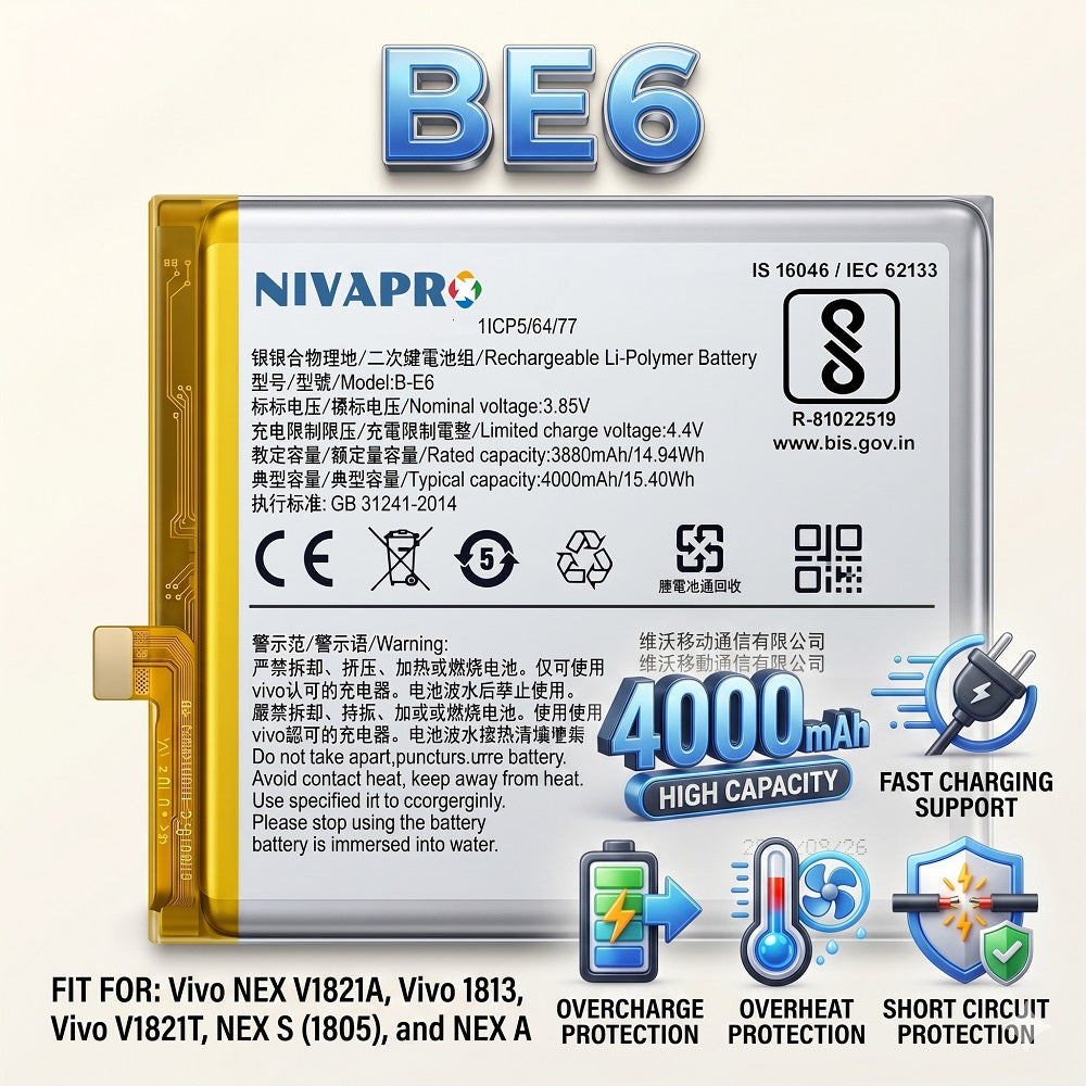 B-E6, BE6 for Vivo Nex V1821A, 1813, V1821T / NEX S (1805) / NEX A 4000mAh Battery with warranty by NIVAPRO