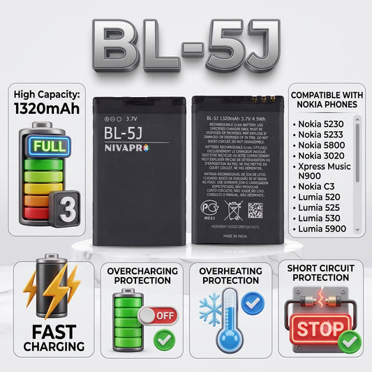 BL-5J Original Battery for Fit for Nokia 5230, 5233, 5800, 3020, Xpress Music N900, C3 Lumia 520, 525, 530, 5900 (1320mAH) with Warranty by NIVAPRO