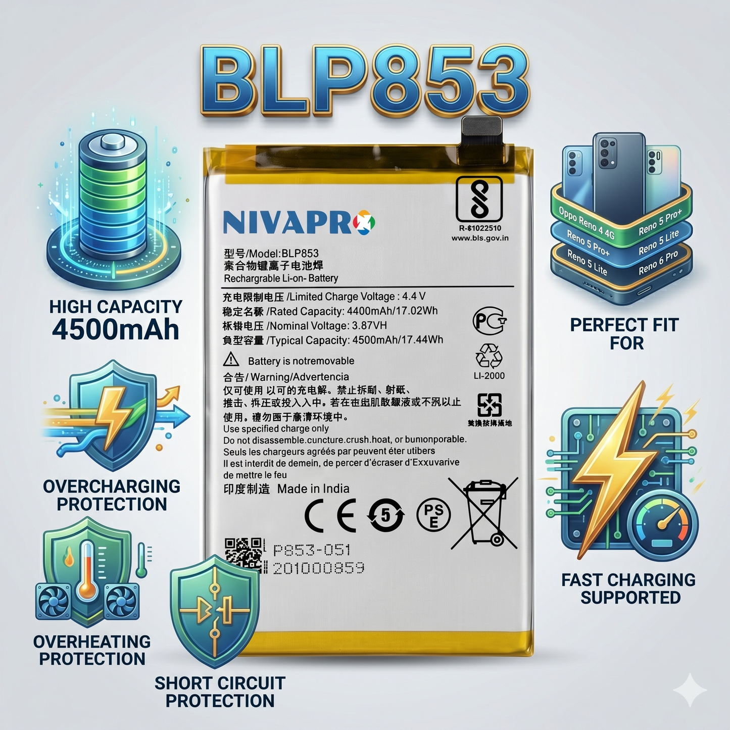 BLP853 Battery For Oppo Reno 4 4g 5 pro+ Reno 5 lite Reno 6 pro 4500mAh Battery with warranty by NIVAPRO