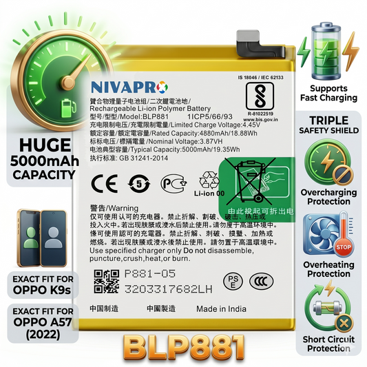 BLP881 for Oppo K9s and Oppo A57 (2022) 5000mAh Battery with warranty by NIVAPRO