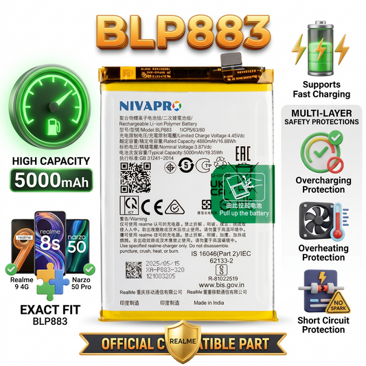 BLP883 for Realme 9 4G (RMX3521) / Realme 8s 5G (RMX3381) / Narzo 50 Pro (RMX3395, RMX3396) 5000mAh Battery with warranty by NIVAPRO