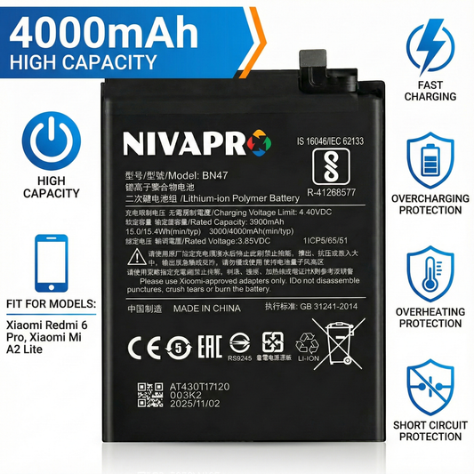 NIVAPRO BN47 Battery for 6 Pro, A2 Lite, A2 Compatible 4000mAh