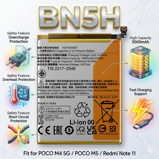 BN5H for Poco M4 5G, Poco M5, and Redmi Note 11 E | Redmi 10 with Warranty by NIVAPRO 5000mAh