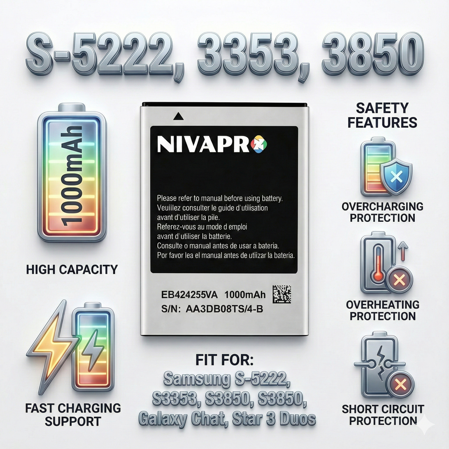 Original S-5222 Compatible for Samsung S-5222,S3353 S3850 Galaxy Chat Star 3 Duos EB-424255 Galaxy Chat Star 3 with 1000mAh 3.7v 3.70wh Battery by NIVAPRO