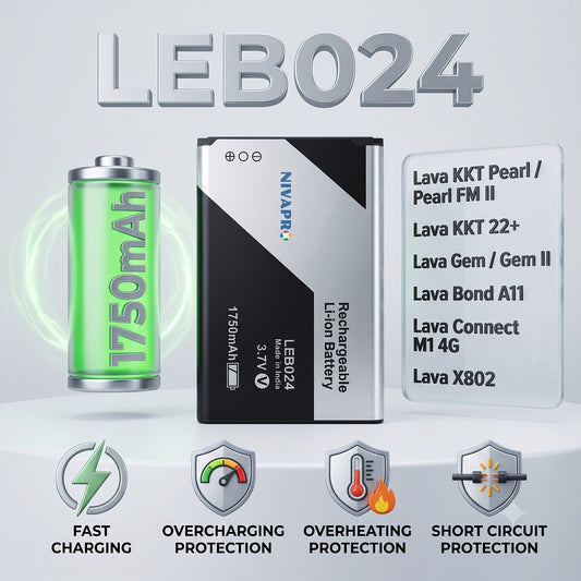 LEB024 Original Battery for Lava KKT Pearl | KKT Pearl FM II, Lava KKT 22+, Lava Gem | Gem II, Lava Bond A11, Lava Connect M1 4G, Lava X802 1750mAh with Warranty by NIVAPRO
