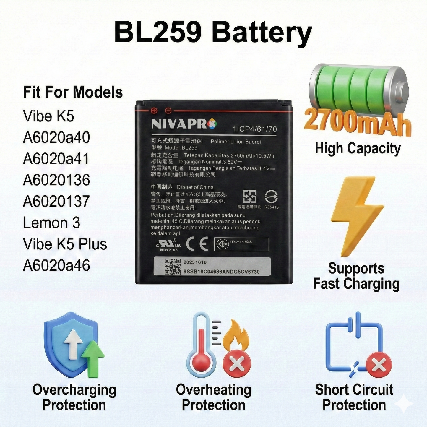 BL259 Mobile battery for Vibe K5, Vibe K5 Plus 2700mAh by NIVAPRO