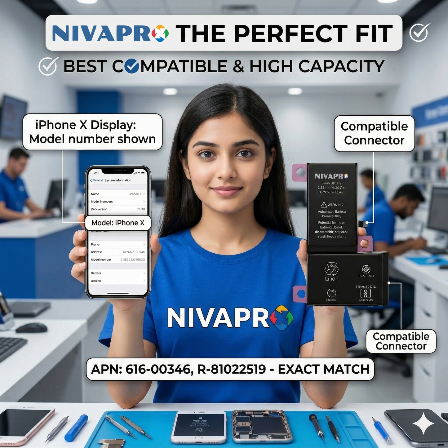 X iphone battery compatible by NIVAPRO 2716mAh with warranty