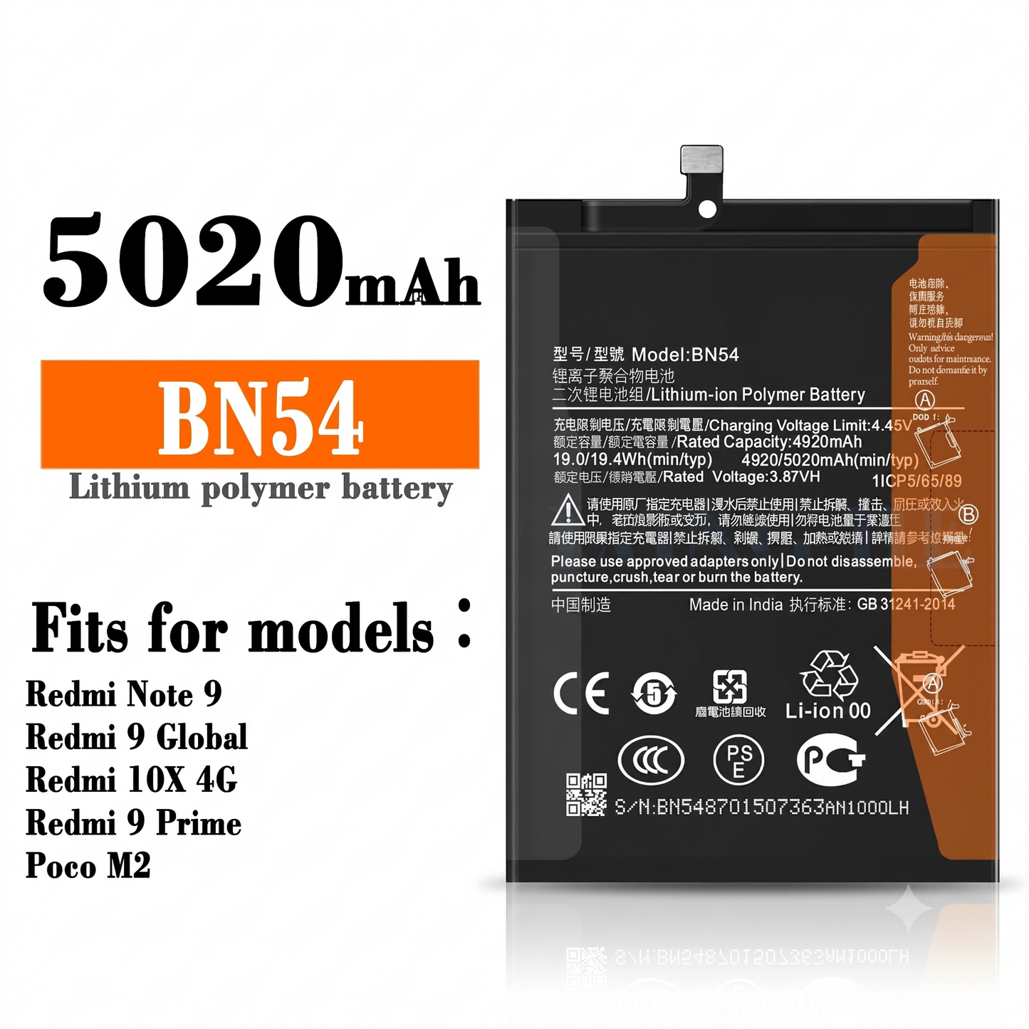 BN54 for Xiaomi Redmi Note 9, Redmi 9 Global, Redmi 10X 4g, Redmi 9 Prime, POCO M2 with Warranty by NIVAPRO 5020mAh