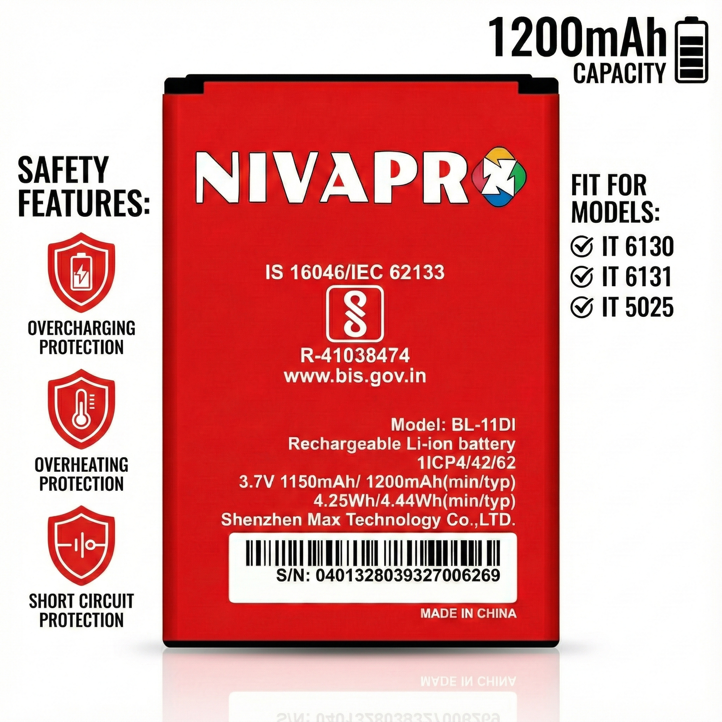 NIVAPRO BL-11DI FOR ITEL Mobile Battery, 1200mAh, 3.7V