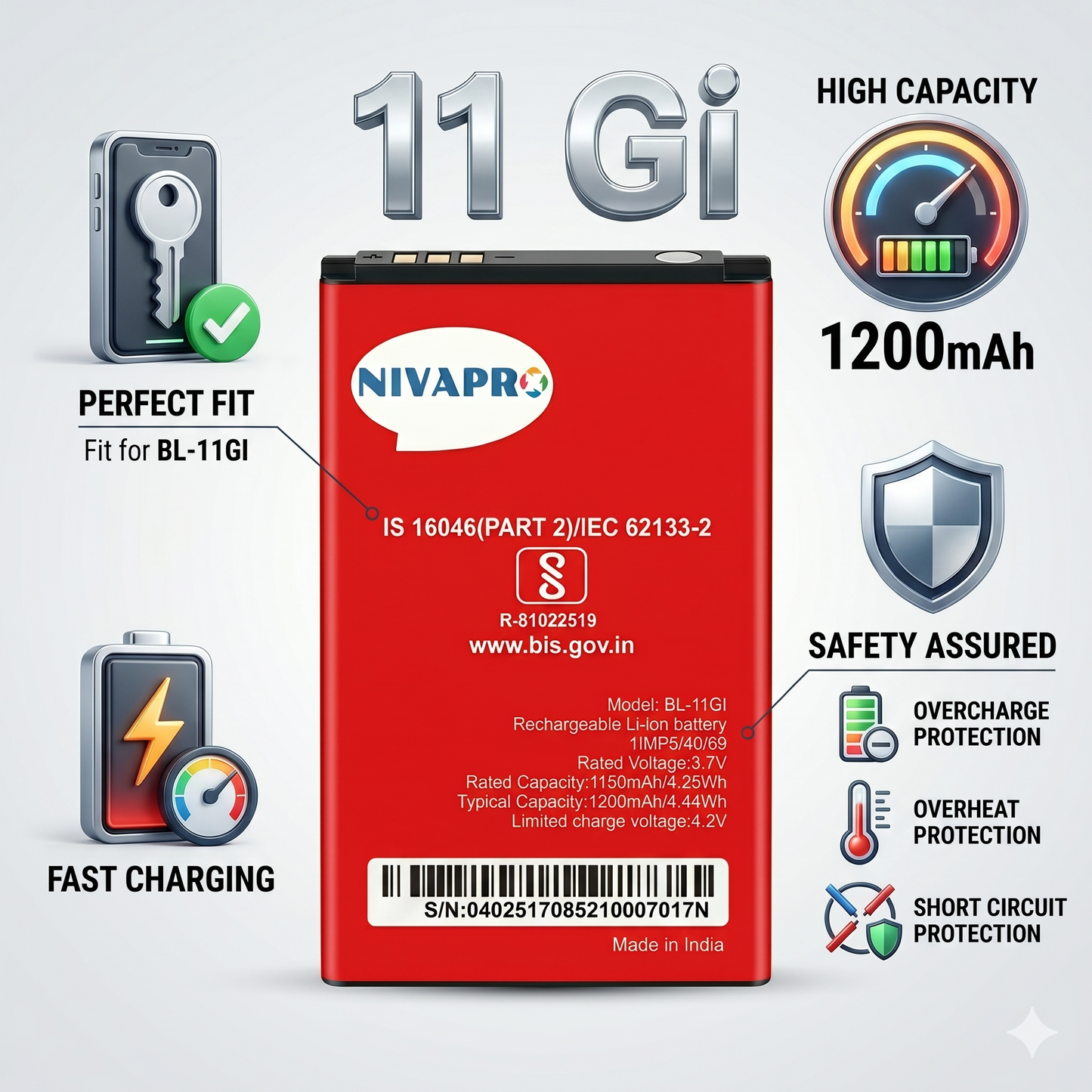 Original BL-11Gi Battery  for ITEL 11 Gi, 1200mAh by NIVAPRO