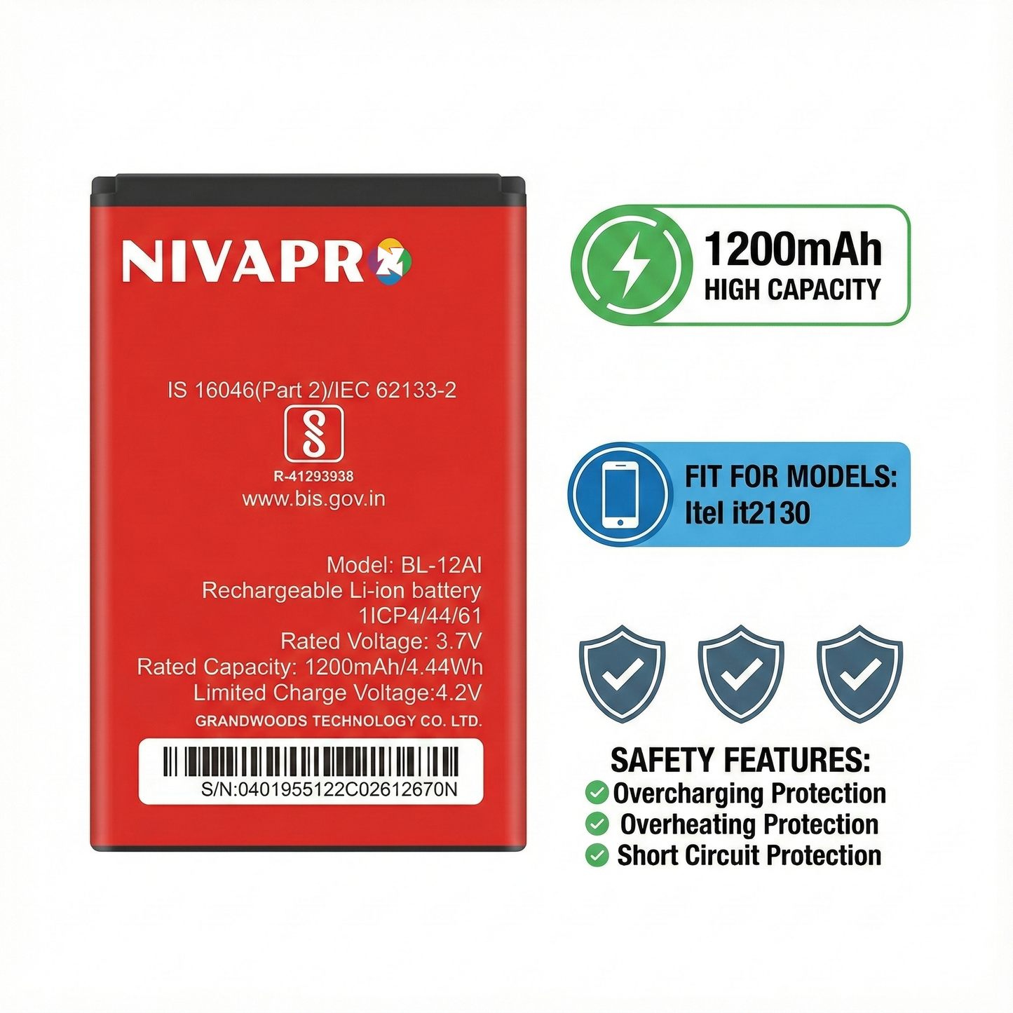 NIVAPRO BL-12AI FOR ITEL Mobile Battery, 1200mAh, 3.7V