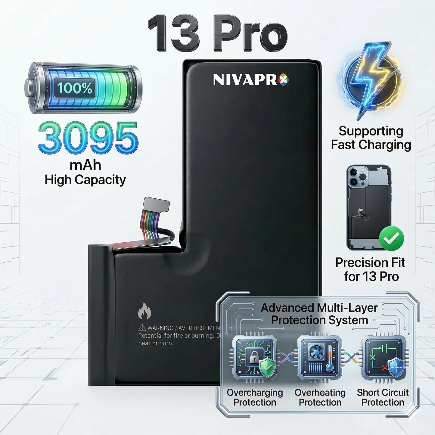 13 Pro Iphone 3095mAh battery compatible by NIVAPRO with warranty