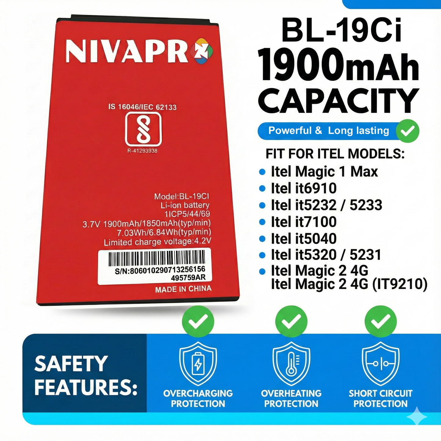 NIVAPRO BL-19CI FOR ITEL Mobile Battery, 1900mAh, 3.7V