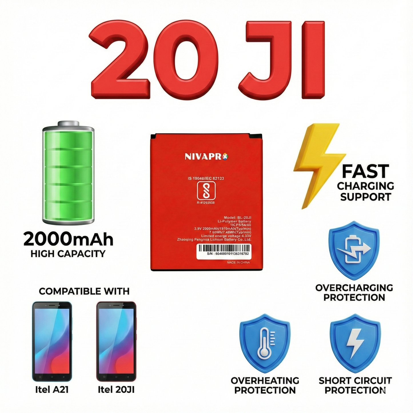 BL-20JI Battery  for ITEL A21, 2000mAh by NIVAPRO