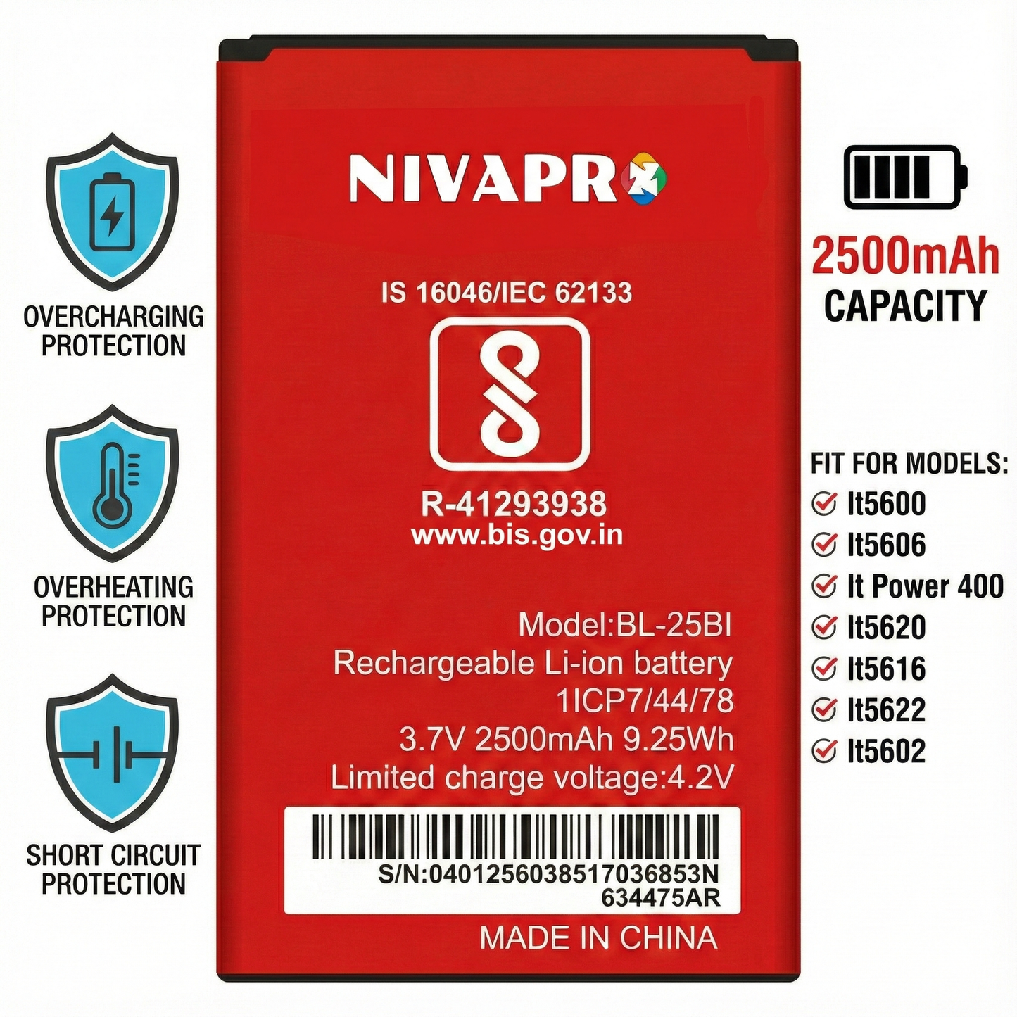 NIVAPRO BL-25BI FOR ITEL It5600,It5606, It Power 400, It5620, It5616,It5622, It5602  2500mAh, 3.7v