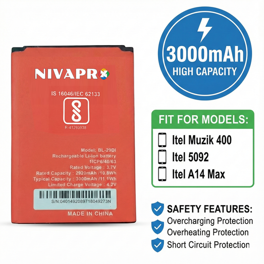 NIVAPRO BL-29DI FOR ITEL Muzik 400, It 5092, ITEL 14 MAX Mobile Battery, 3000mAh, 3.7v