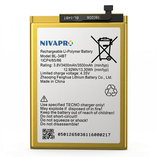 NIVAPRO BL34BT Original for Tecno Spark 2 Compatible 3500mAh with 6 Months Warranty