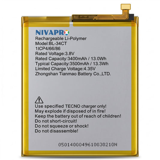 NIVAPRO BL34CT Original for Techno Camon i4 Compatible 3500mAh with 6 Months Warranty