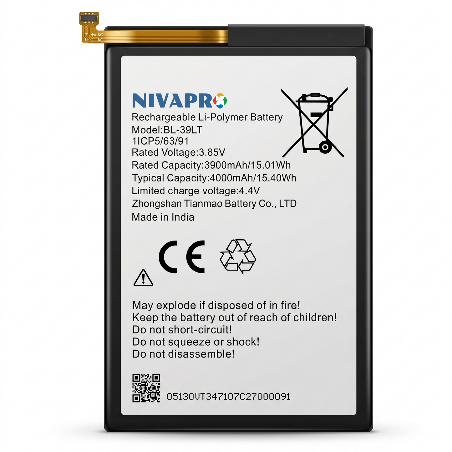 NIVAPRO BL39LT Original for Tecno Camon 12 CC7 Camon 12 Air CC6 KC3 Spark 4 KC2 Spark 4 Lite KC8 Pop 3 Plus BB4 BB4J BB4K Compatible 4000mAh with Warranty