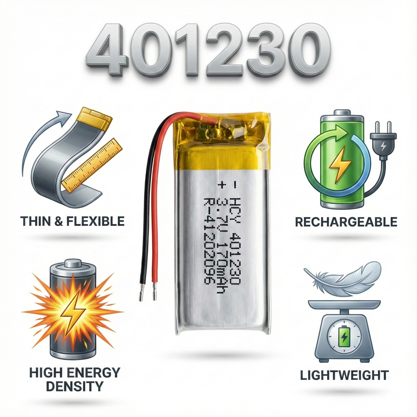 401230 3.7V Rechargeable Li-Po Battery – Micro Slim Lithium Polymer Cell