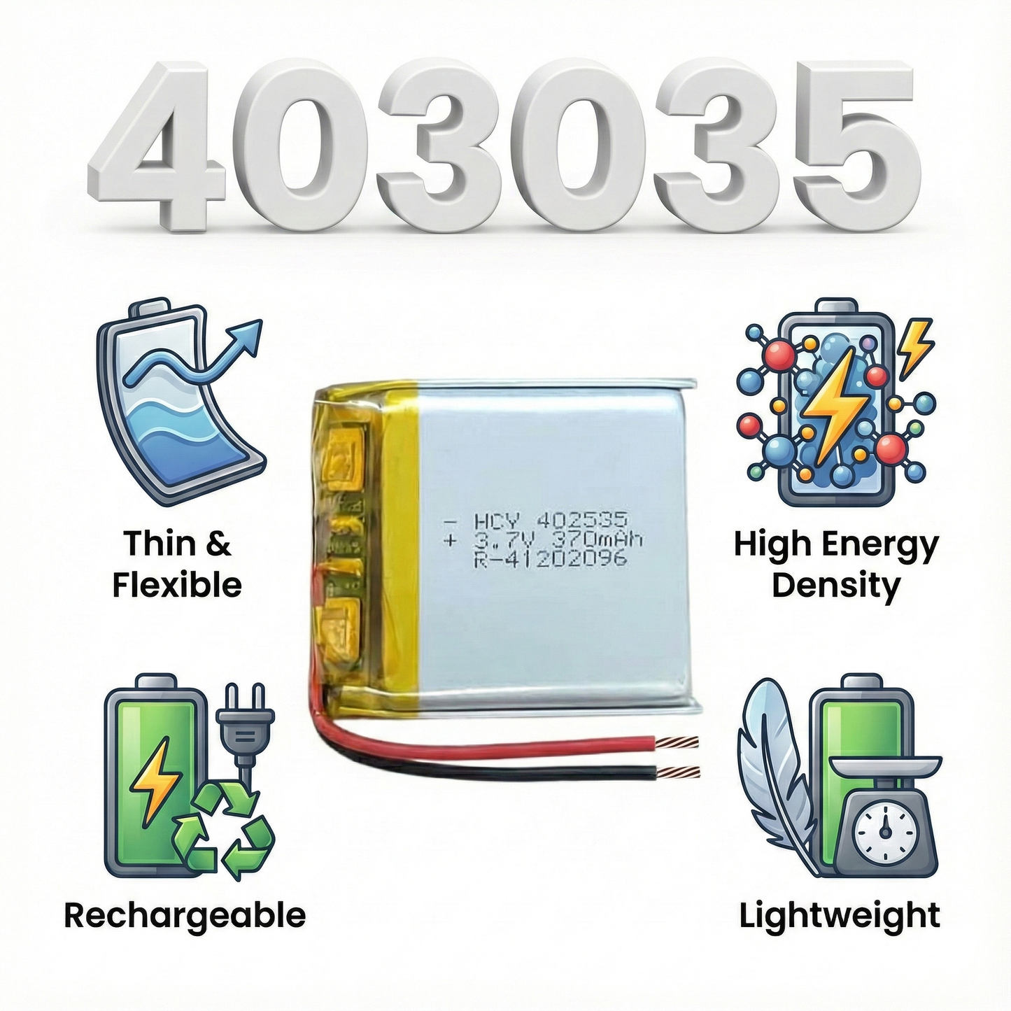 403035 370mAh Rechargeable Li-Po Battery – Micro Slim Lithium Polymer 3.7v