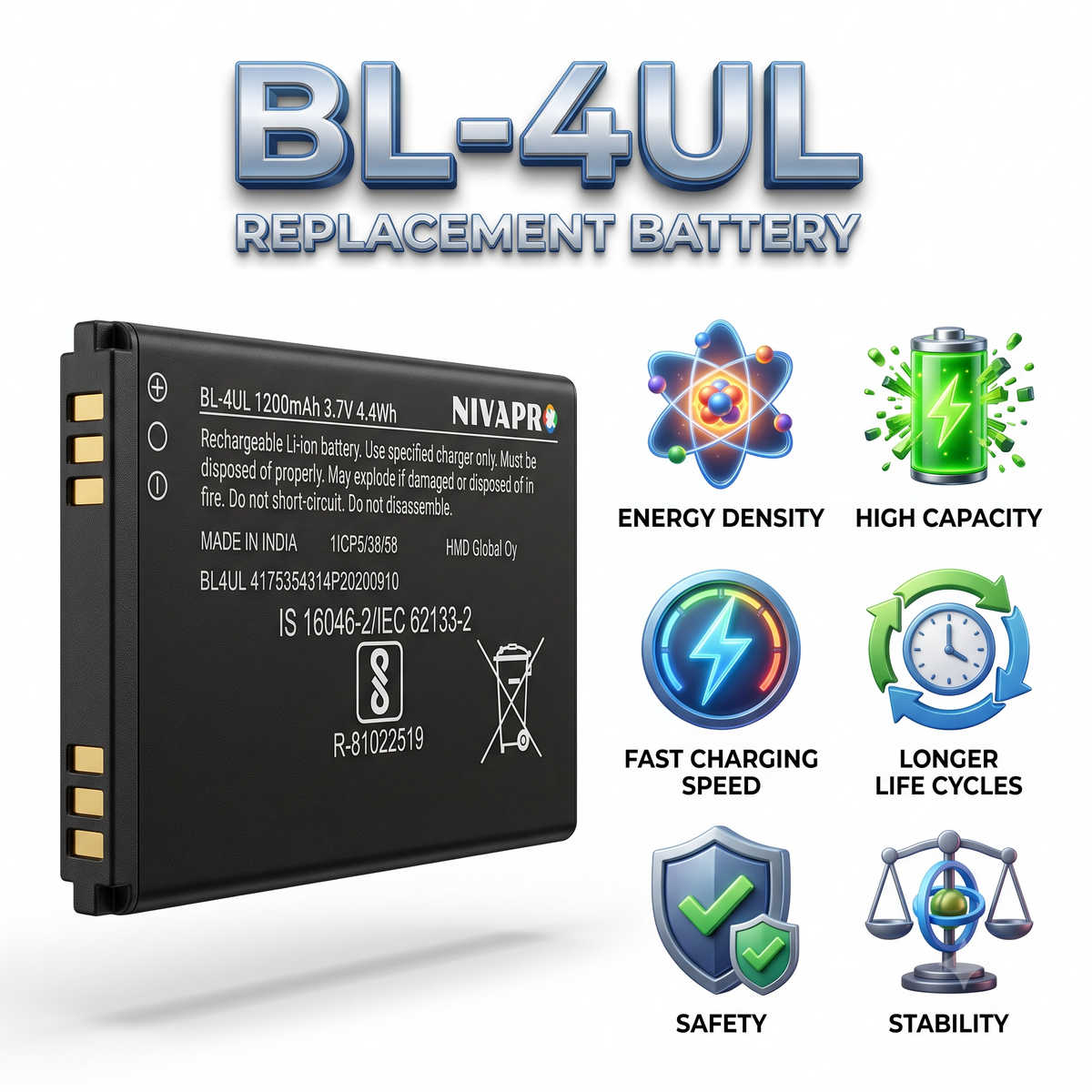 BL-4UL Original Battery for Nokia 3310(2017, 3G, 4G editions), Nokia 5310 (2020), Nokia 6310 (2021), Nokia 215 4G, Nokia 220 4G, Nokia 225,Asha 225,Asha 225 4G), and Nokia 230/230 Dual SIM, Nokia Asha 500, Asha 502, and Asha 503 with Warranty by NIVAPRO