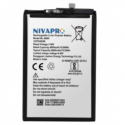 NIVAPRO BL58BX Original Mobile Battery for INFINIX Hot 9 Play, X650, X650C, X650B, X650D, X680 BL-58BX Compatible  6000mAh with Warranty by NIVAPRO