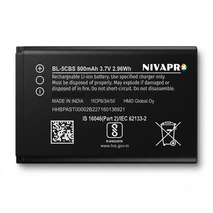 BL-5CBS Original Battery for Nokia 100 | 101 | 103 | 105 | 106 | 109 | 111 | 113 | 1000 | 1282 | 1616 | 1800 | C1-02 | X2-05 (800mAH) with Warranty by NIVAPRO