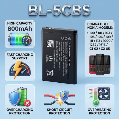 BL-5CBS Original Battery for Nokia 100 | 101 | 103 | 105 | 106 | 109 | 111 | 113 | 1000 | 1282 | 1616 | 1800 | C1-02 | X2-05 (800mAH) with Warranty by NIVAPRO