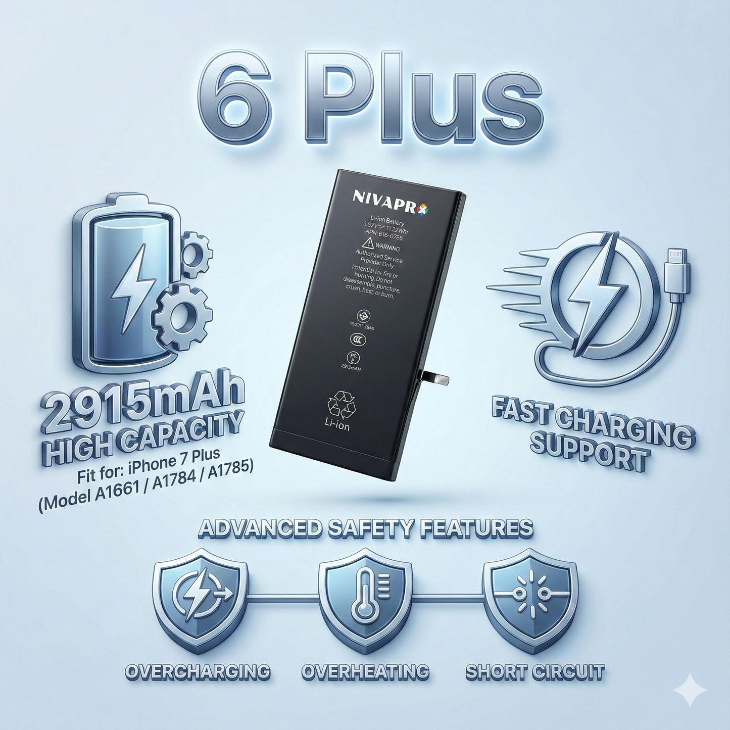 iPhone 6Plus Models A1522 / A1524 / A1593) compatible battery 2915mAh by NIVAPRO