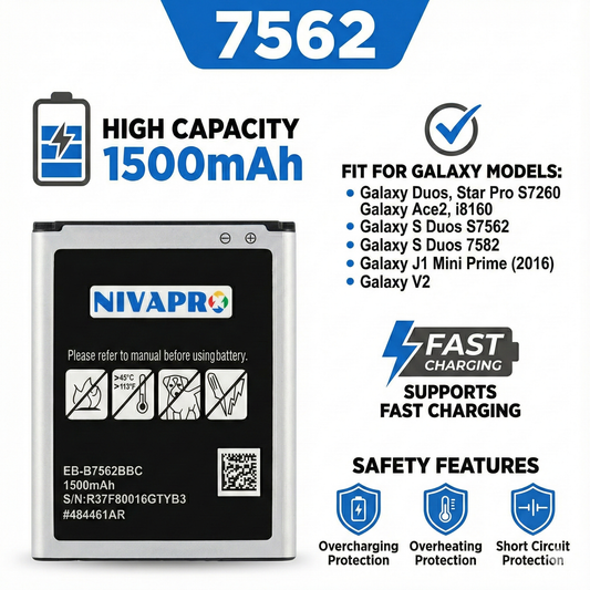 Galaxy Duos, Star Pro S7260, Galaxy Ace2, i8160, Galaxy S Duos &nbsp;S7562, Galaxy S Duos 7582, Galaxy J1 Mini Prime (2016), Galaxy V2 Compatible  1500mAh Battery by NIVAPRO