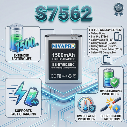 Galaxy Duos, Star Pro S7260, Galaxy Ace2, i8160, Galaxy S Duos &nbsp;S7562, Galaxy S Duos 7582, Galaxy J1 Mini Prime (2016), Galaxy V2 Compatible  1500mAh Battery by NIVAPRO