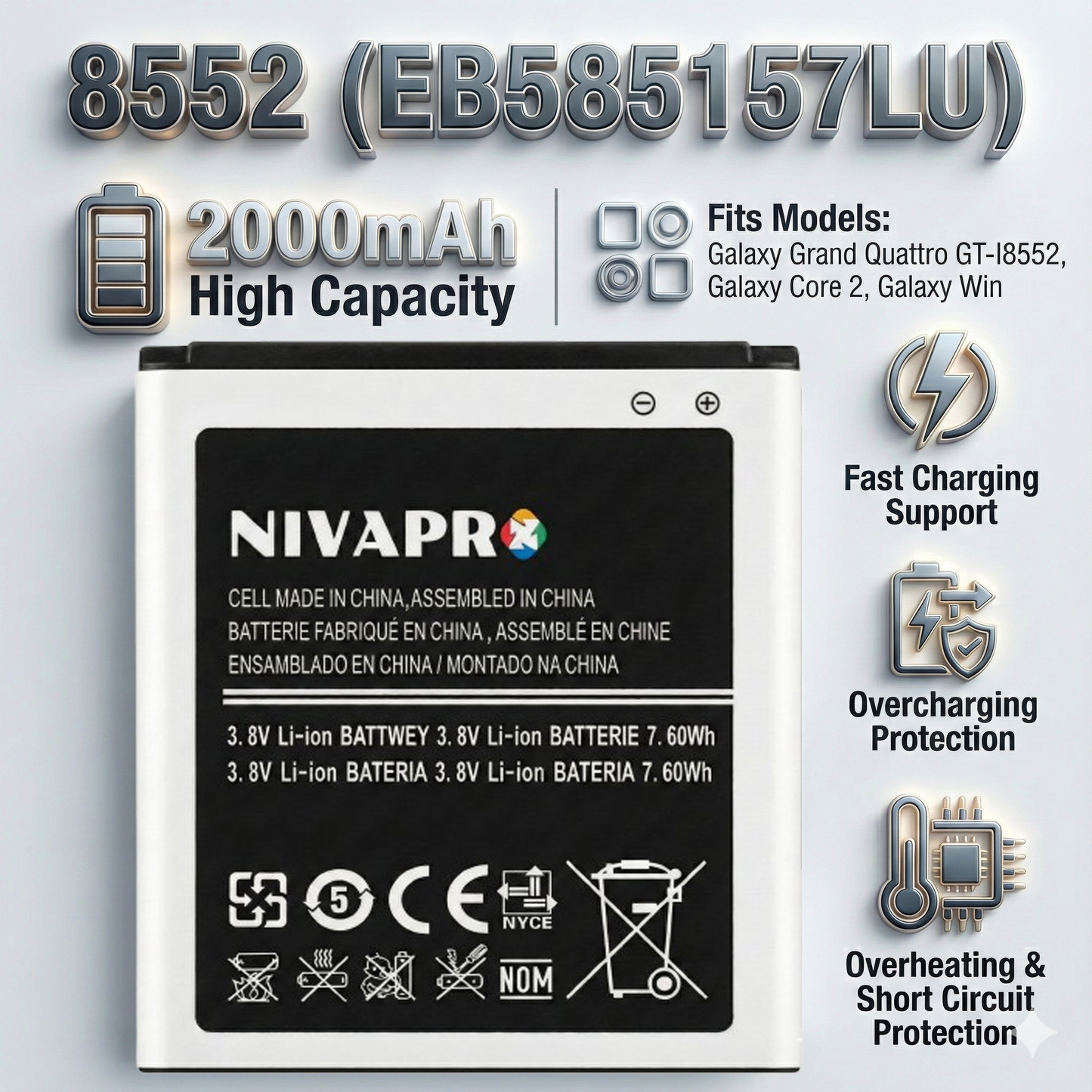NIVAPRO Galaxy Grand Quattro GT-i8552 battery 2000mAh
