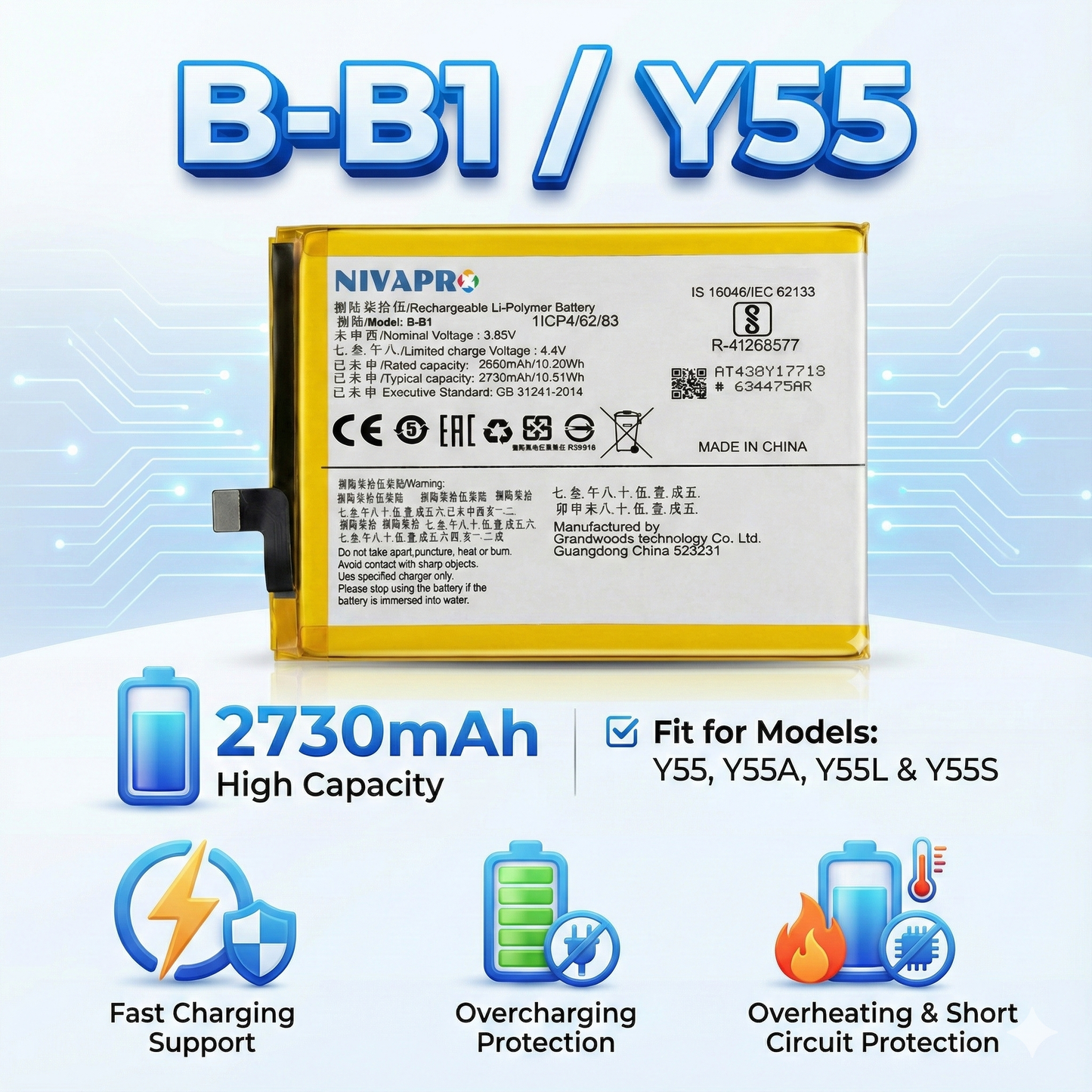 NIVAPRO B-B1 for Y55,Y55A,Y55S,Y55L,1610,1603 Battery 2730mAh capacity