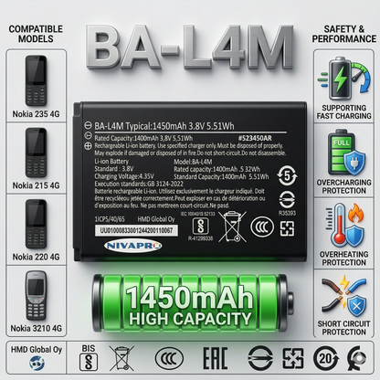 BA-L4M Original Battery for Nokia 235 4G, Nokia 215 4G, Nokia 220 4G, and Nokia 3210 4G (1450mAH) with Warranty by NIVAPRO