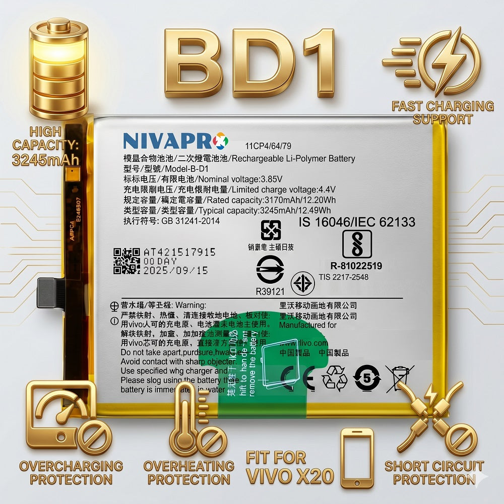 B-D1, BD1 Original for Vivo X20 3245mAh Battery with warranty by NIVAPRO