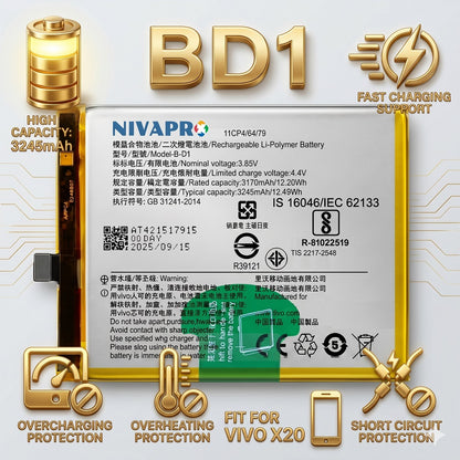 B-D1, BD1 Original for Vivo X20 3245mAh Battery with warranty by NIVAPRO