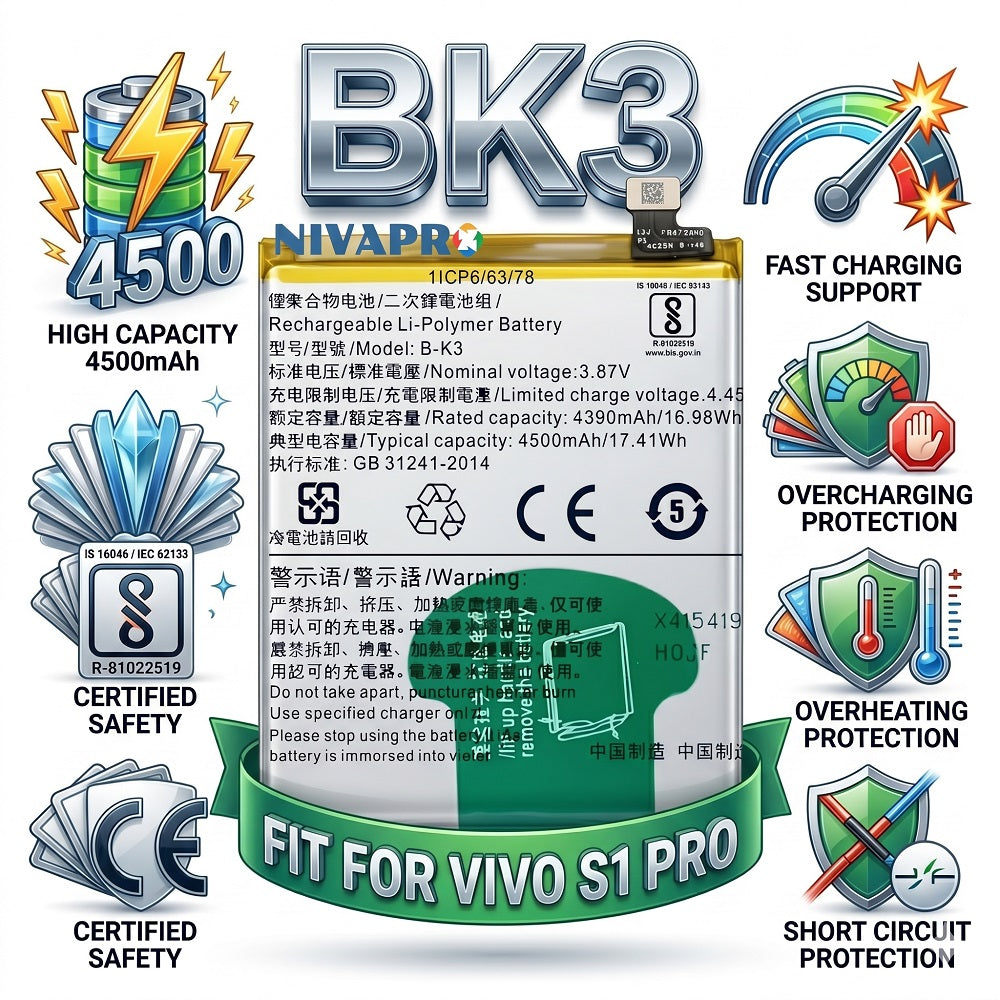 BK3 for Vivo S1 Pro 4500mAh Battery with warranty by NIVAPRO