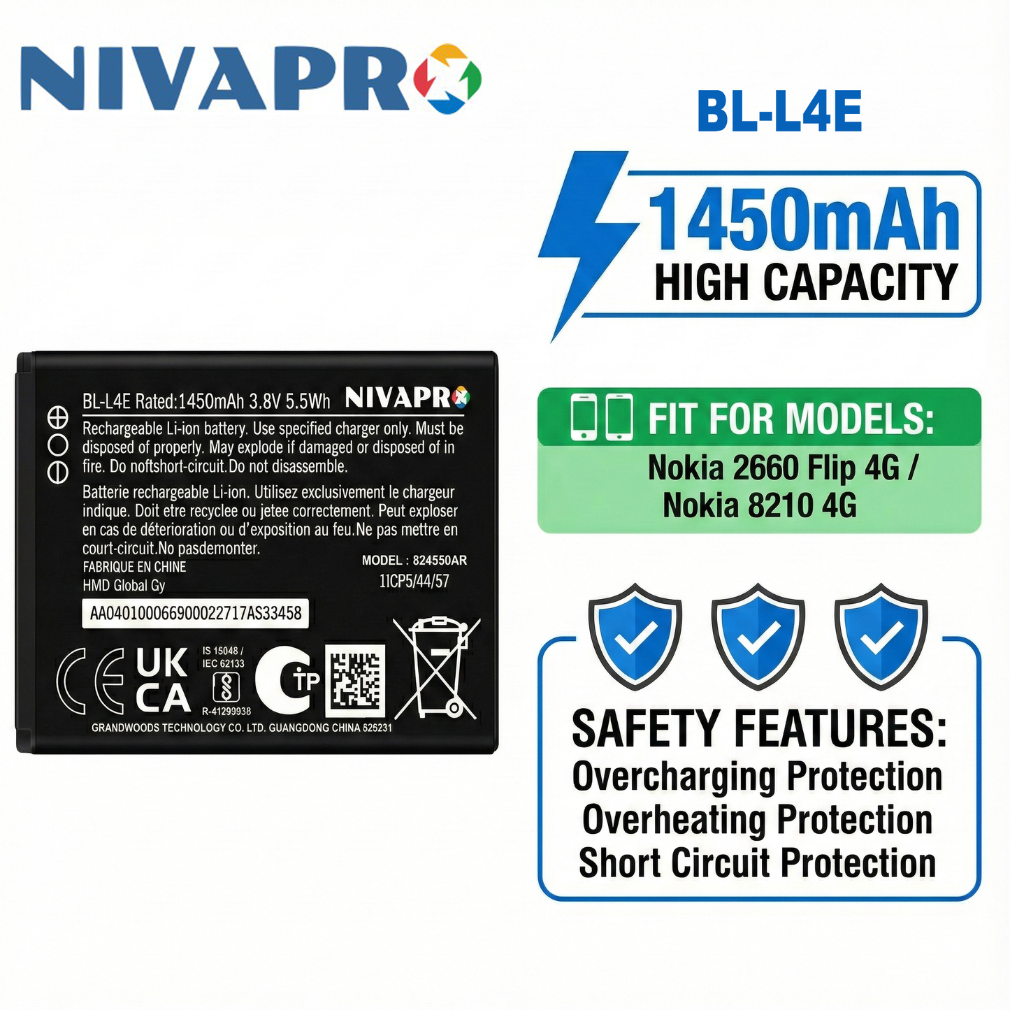 BL-L4E  Nokia 2660 Flip 4G / Nokia 8210 4G Battery 1450mAh with warranty by NIVAPRO