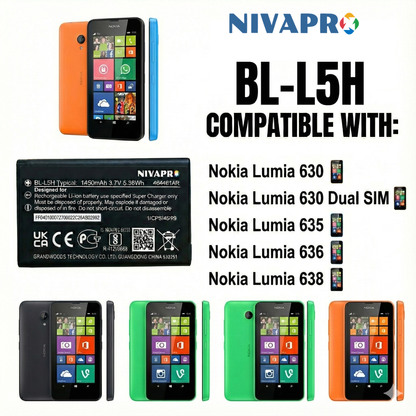 BL-L5H  for Nokia 130 DS, Nokia 150 DS, Nokia 110 4G, Nokia 106 4G, HMD 105 4G, HMD 110 4G Compatible Mobile battery 1450mAh by NIVAPRO