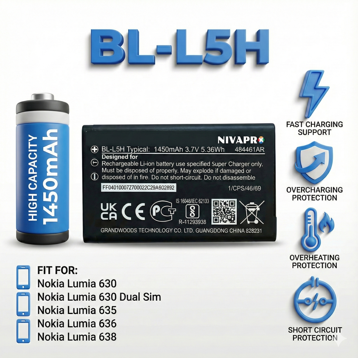 BL-L5H  for Nokia 130 DS, Nokia 150 DS, Nokia 110 4G, Nokia 106 4G, HMD 105 4G, HMD 110 4G Compatible Mobile battery 1450mAh by NIVAPRO