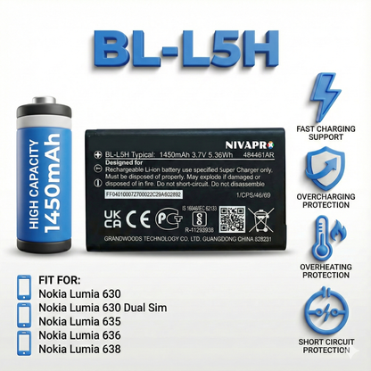 BL-L5H  for Nokia 130 DS, Nokia 150 DS, Nokia 110 4G, Nokia 106 4G, HMD 105 4G, HMD 110 4G Compatible Mobile battery 1450mAh by NIVAPRO