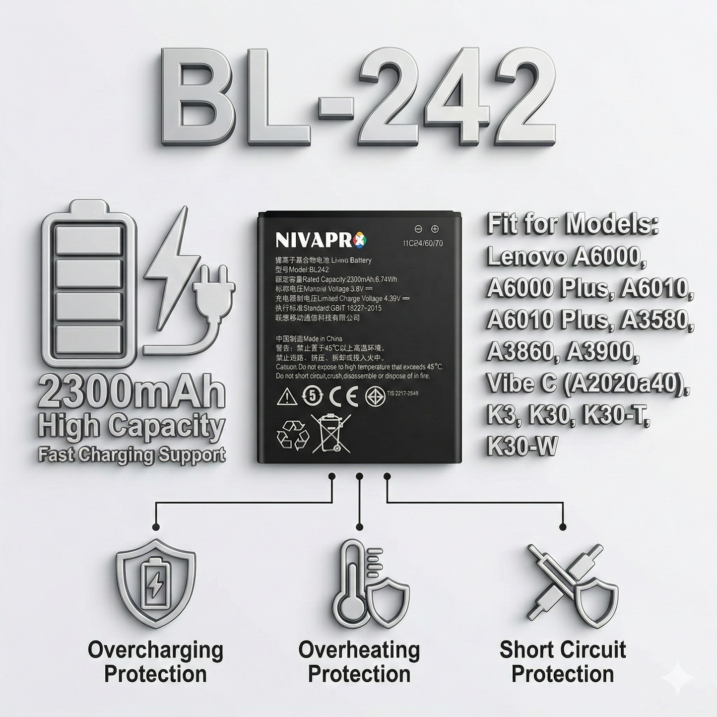 BL242 Mobile battery for A6000,A6010 2300mAh by NIVAPRO