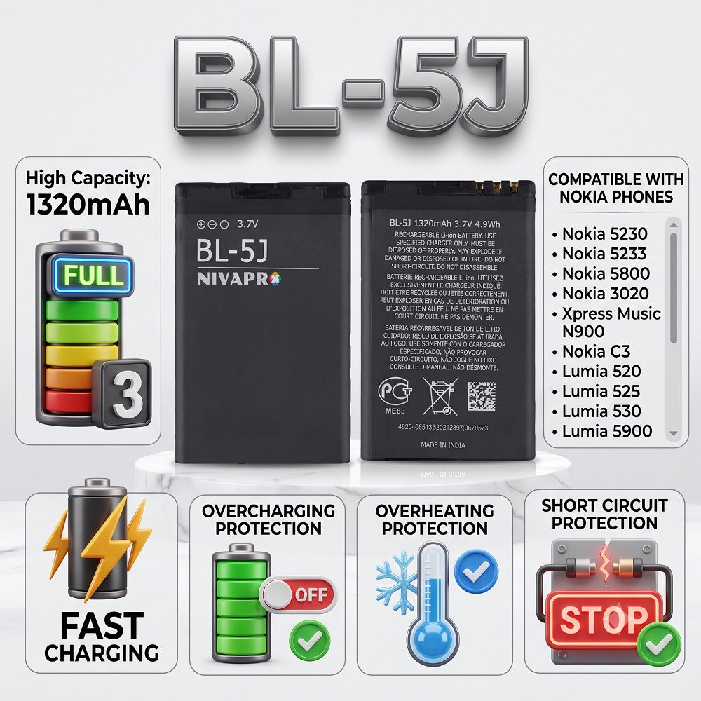 BL-5J Original Battery for Fit for Nokia 5230, 5233, 5800, 3020, Xpress Music N900, C3 Lumia 520, 525, 530, 5900  (1320mAH) with Warranty by NIVAPRO