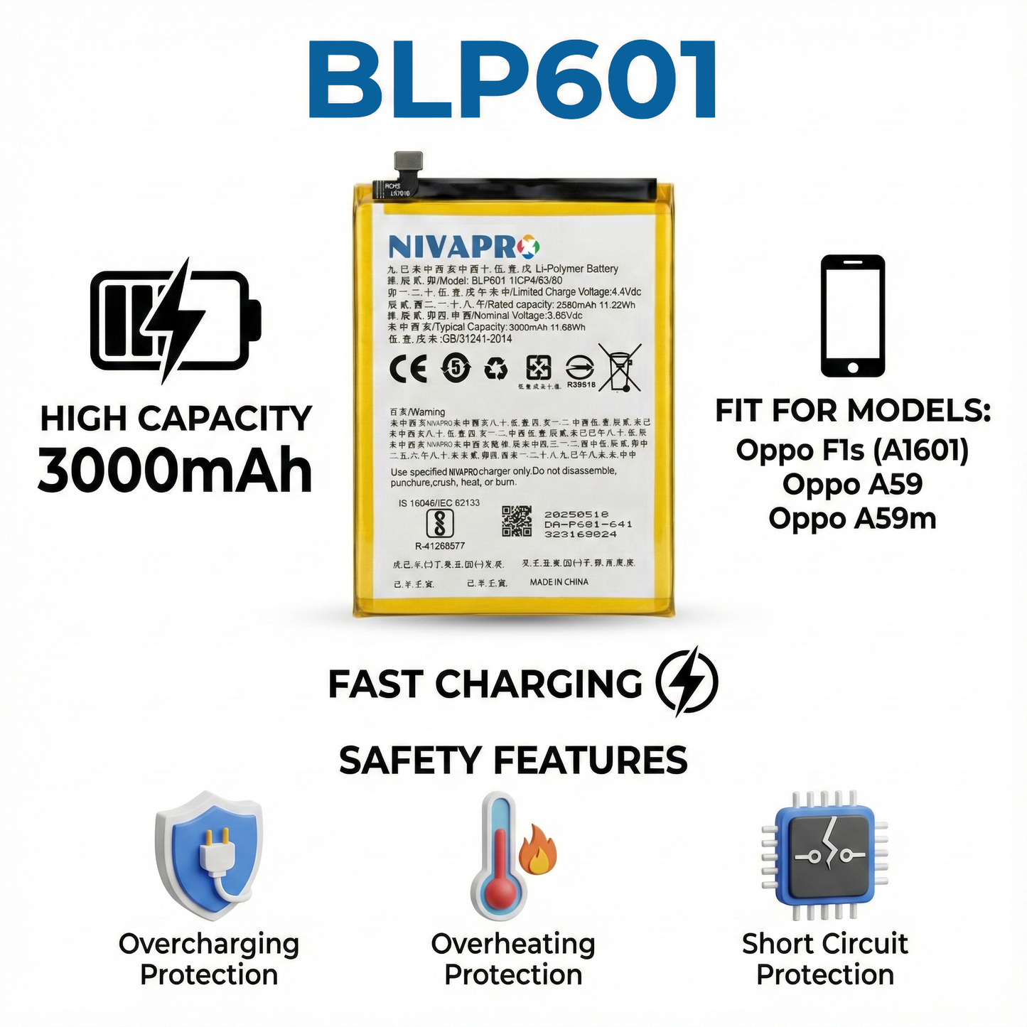 Original BLP601 for Oppo F1S | A59 | A59M | A59S | A53 | A53T | A53M 3075mAh Battery with warranty by NIVAPRO