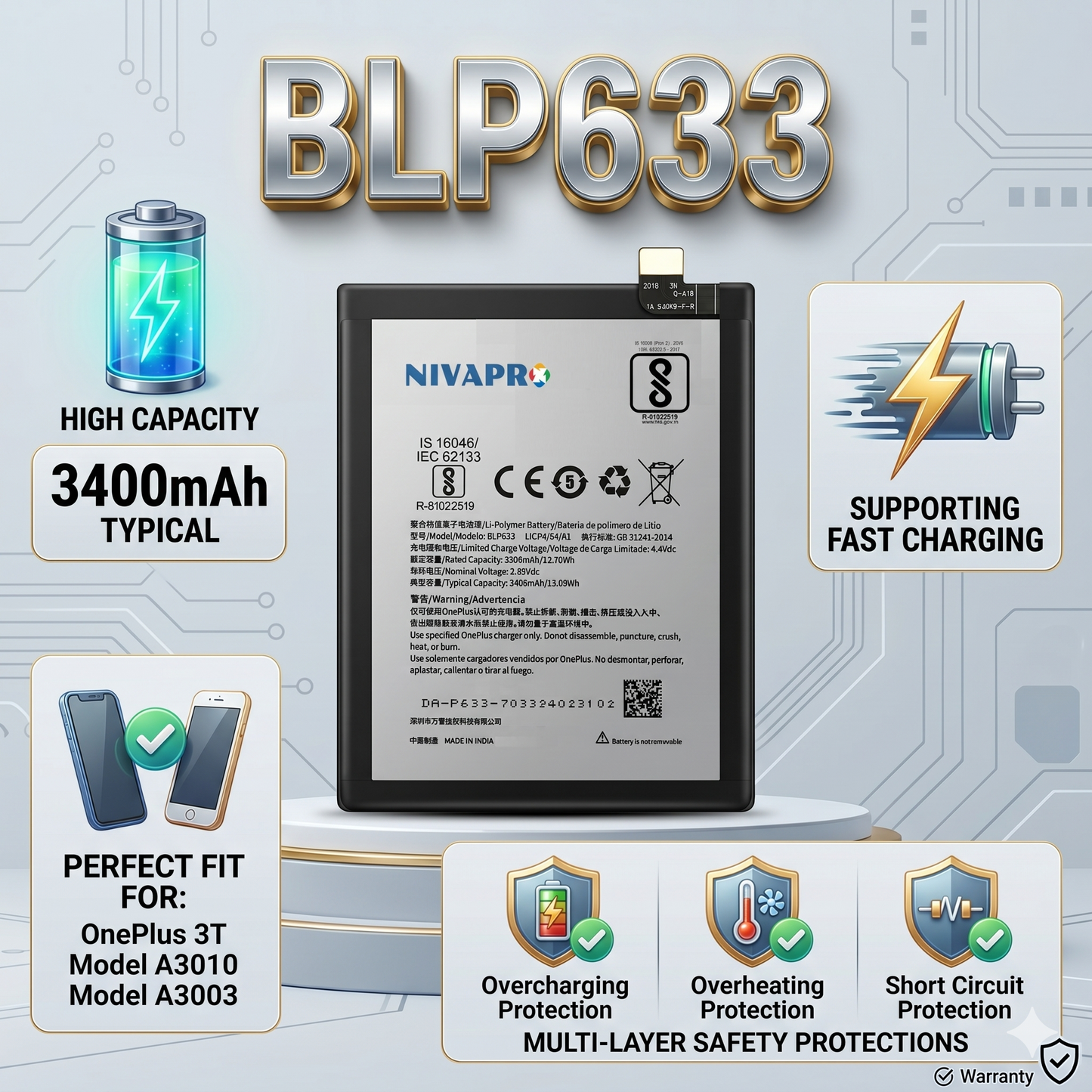 Original BLP633 for  OnePlus 3T A3010 A3003  3400mAh Battery with warranty by NIVAPRO